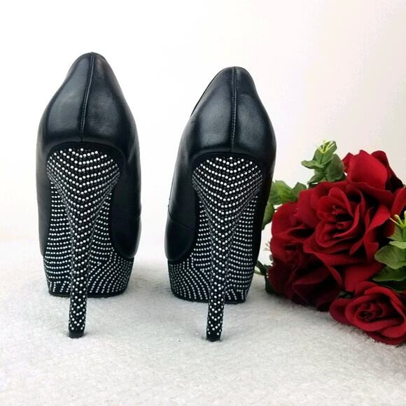 Aldo Platform Stiletto Pumps Size 8.5 Black Leather Rhinestones Peep Almond Toe - Picture 4 of 16